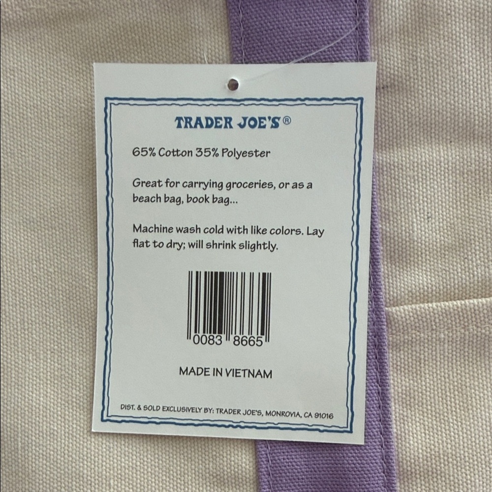 Trader Joe’s Large Lavender Canvas Tote Bag - Picture 2 of 3